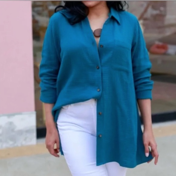 J.Jill Gauze Textured Cotton Light‎weight Button Down Shirt in Teal Blue Sz XL - Picture 2 of 13